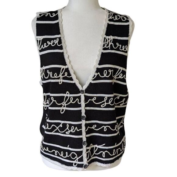 Vintage Koret Sweater Vest Size S Black Striped Crocheted Cursive Cottage Wool - Picture 1 of 7